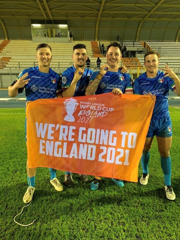 Jack Campagnolo and team mates celebrate Italy's Rugby League World Cup qualification. Photo: supplied