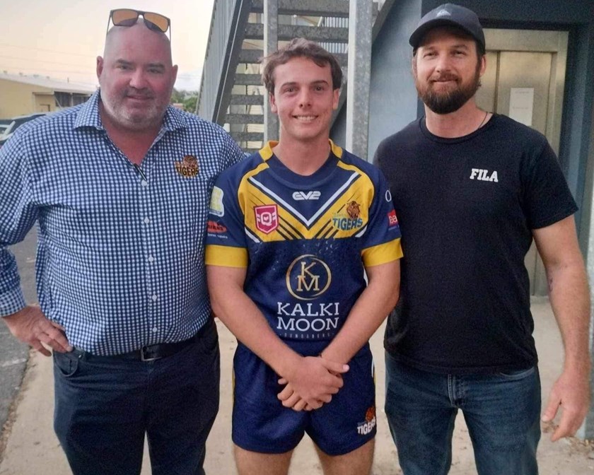 Lachlan Campbell with Waves Tigers president Adam Rayner and his club legend father Liam