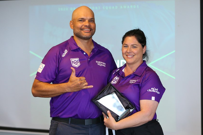 QRL North wellbeing operations manager Coco Quirke with Support Squad award winner Megan Hendle. Photo: Jacob Grams/QRL