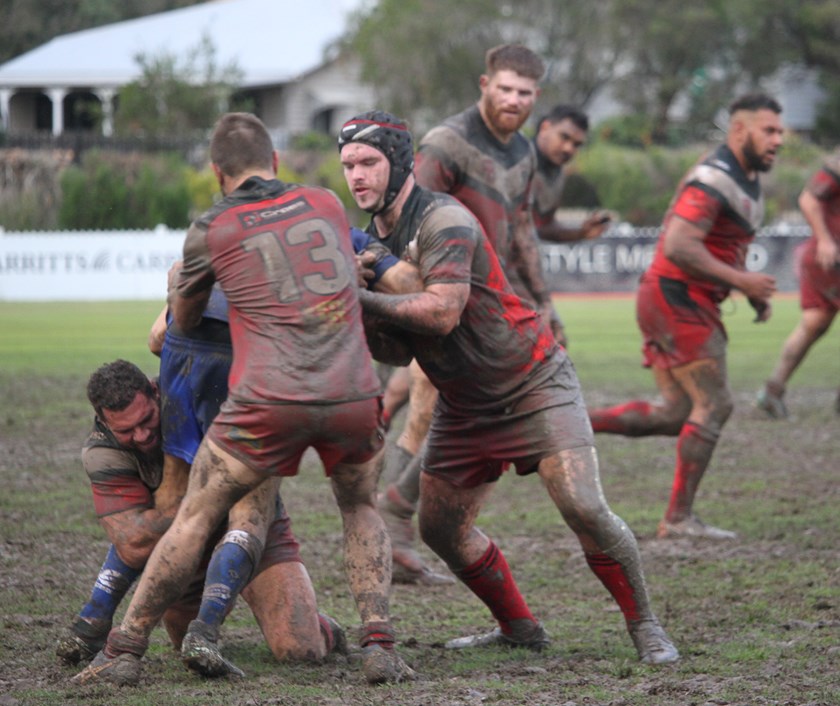 Wests Panthers’ Josh Tanner, Dallas Bamberry and Flynn Purkis combined to wrap up a Wallaroos ball carrier in their Bundaberg Broadcasters A Grade Premiership clash on Saturday. Photo: Vince Habermann