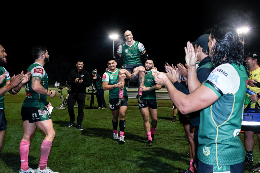 Nat Neale is chaired off the field by team mates following his last game at North Ipswich Reserve. Photo: Erick Lucero / QRL