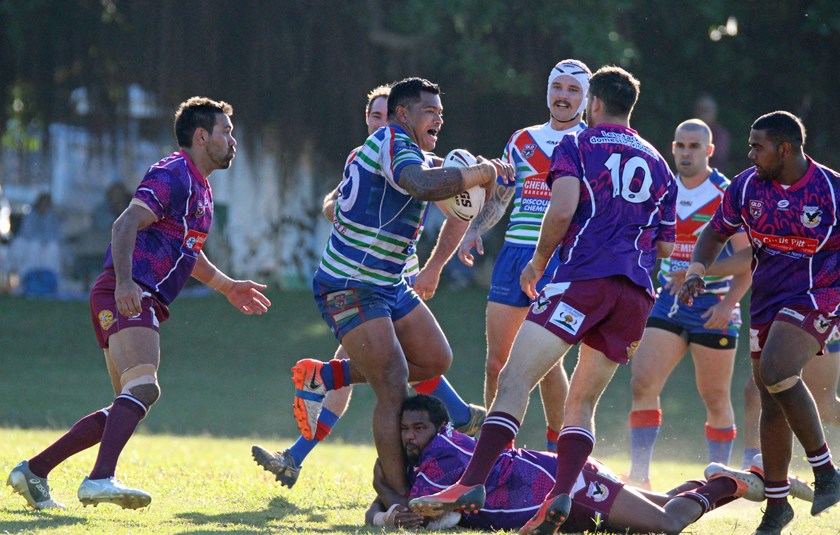 Innisfail's Taulata Fakalelu gained plenty of metres and proved a challenge for Yarrabah Seahawks players. Photo: Maria Girgenti 