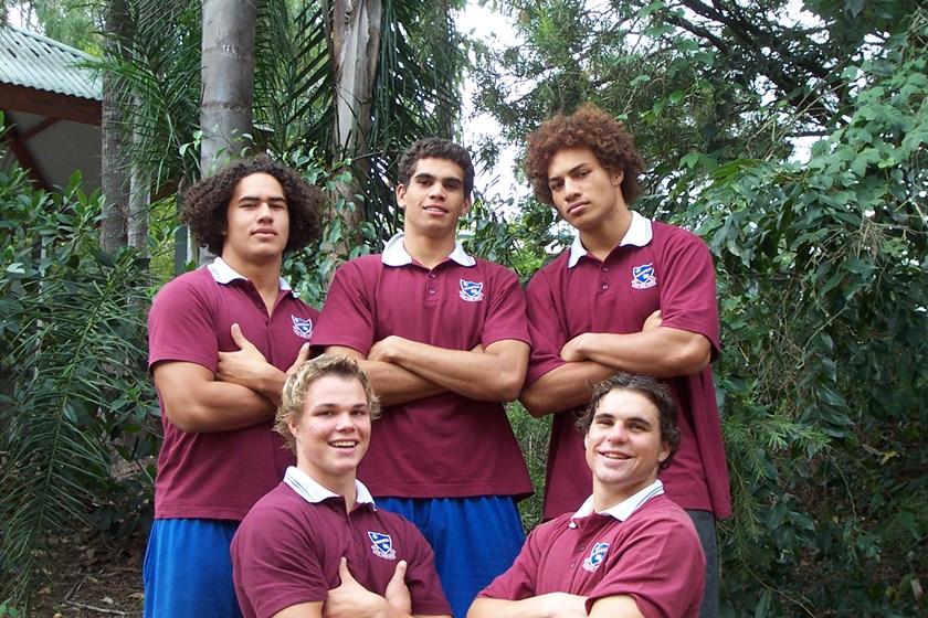 FAB FIVE: Greg Inglis (back middle) and Brisbane Broncos' Sam Tagataese (back right).  The pair are joined by former Wavell SHS teammates Josh Tatupu (back left), Fletcher Holmes and Michael Bond. Photo: Wavell SHS