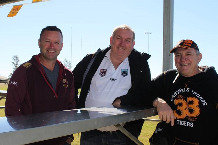 Morris (right) enjoying Country Week in Blackall with QRL statewide competitions manager Dave Maiden (left) and QRL Central chair Danny McGuire (middle).