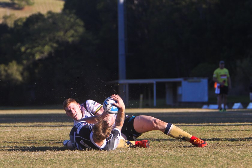 Strong defence from Dan Russell and a double movement calling denied Kane Elgey a try in the Tweed Heads Seagulls v Souths Logan Magpies Round 18 game. 
Photo: Tweed Heads Seagulls Media
