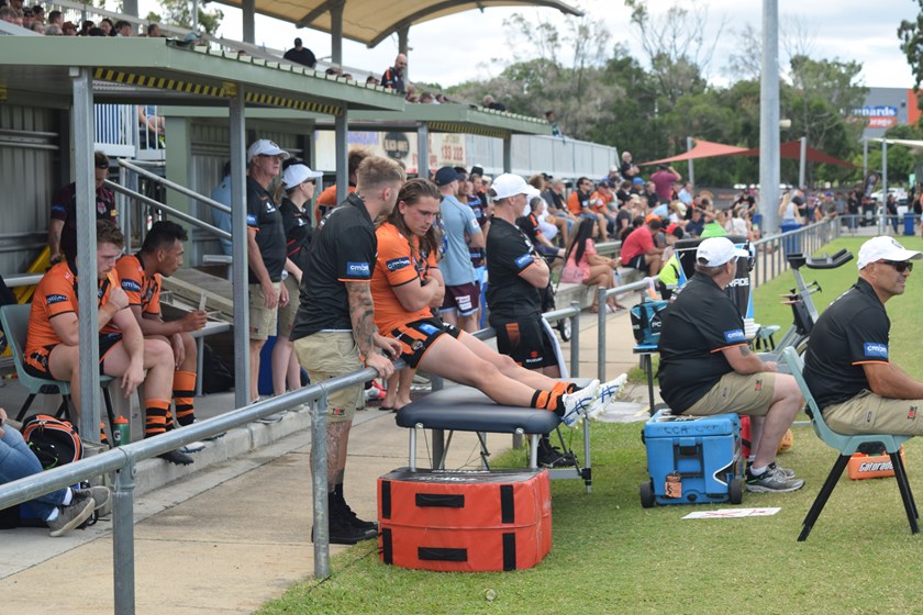 Aaron Booth on the Easts Tigers bench in Round 1. Photo: Mel Tabet / QRL