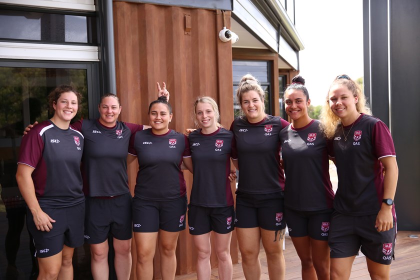 Bri Clark with some fellow members of the Queensland Female Performance Program squad in camp on the Sunshine Coast. Photo: Colleen Edwards / QRL
