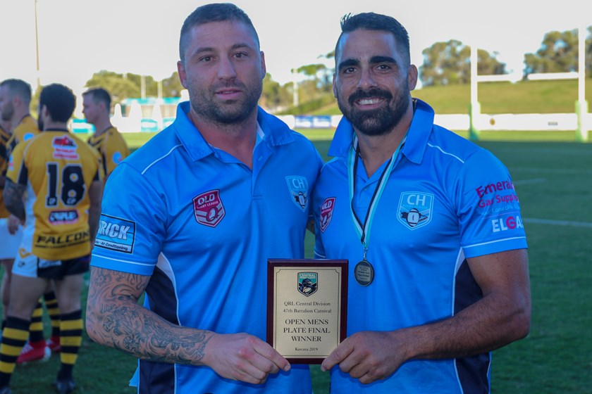 Central Highlands coach Mitch Wyatte with Highlands captain and player of the carnival Chris Conway.