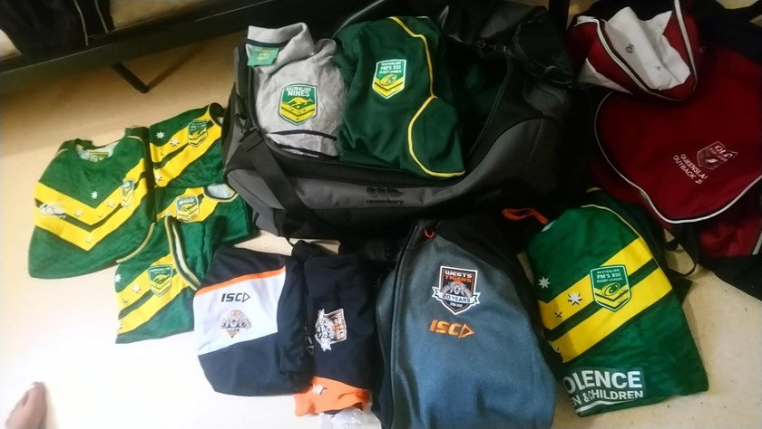 Some of the donated rugby league gear. Photo: supplied