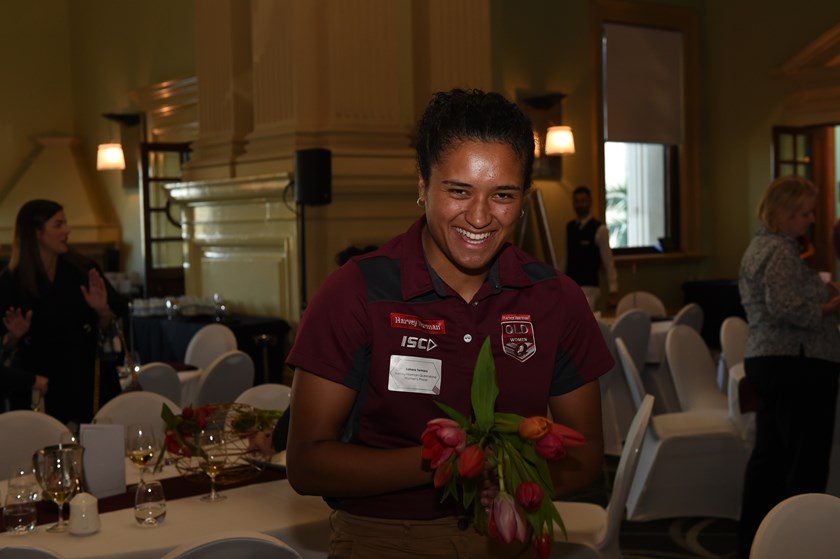 Zahara enjoys a laugh at the recent Harvey Norman Women in League luncheon held in honour of the Queensland Women's team and the female contribution to rugby league. 