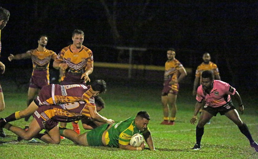 A barnstorming Kurt Jackson proved too strong for the Southern Suburbs defence and barges over the try line for Mareeba's third try of the match. Photo: Maria Girgenti