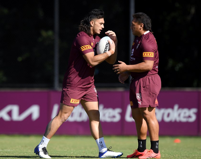 Fa'asuamaleaui and Josh Papalii working together at training on Tuesday. Photo: Scott Davis/QRL
