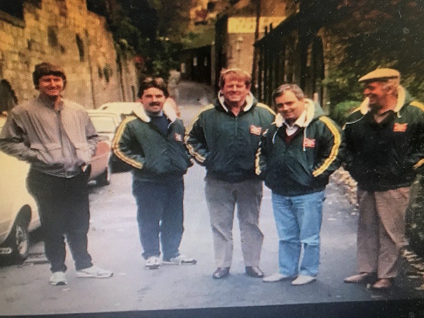 Paul Malone (left) with fellow league writers Robert Smith (AAP); Geoff Prenter (Sydney Sun); Peter Frilingos (Sydney Mirror) and Allan Clarkson (Sydney Morning Herald) on the 1986 Kangaroo tour of England.