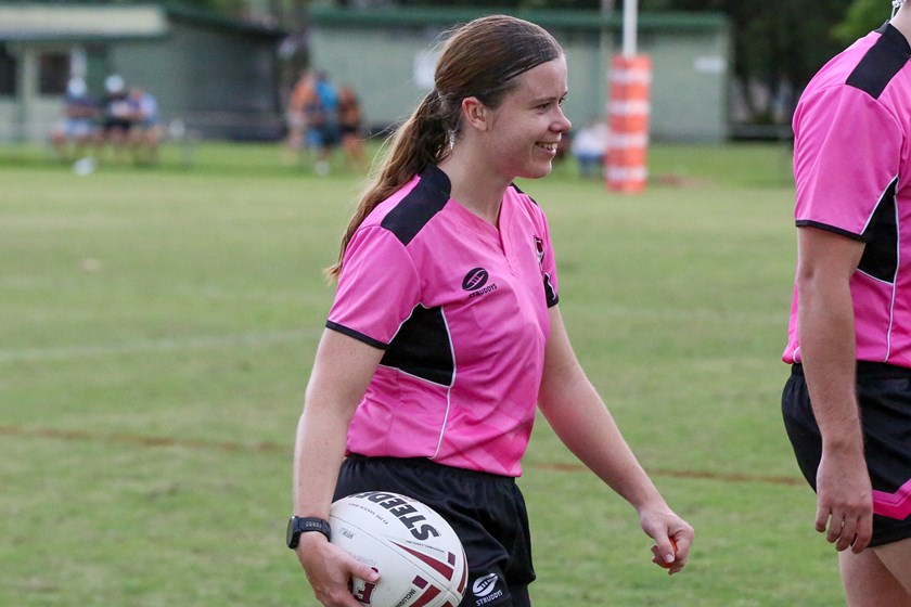 Previous Johnston female officiating scholarship winner Kailey Beattie officiating a BHP Premiership match earlier this year. Photo: Jorja Brinums/QRL