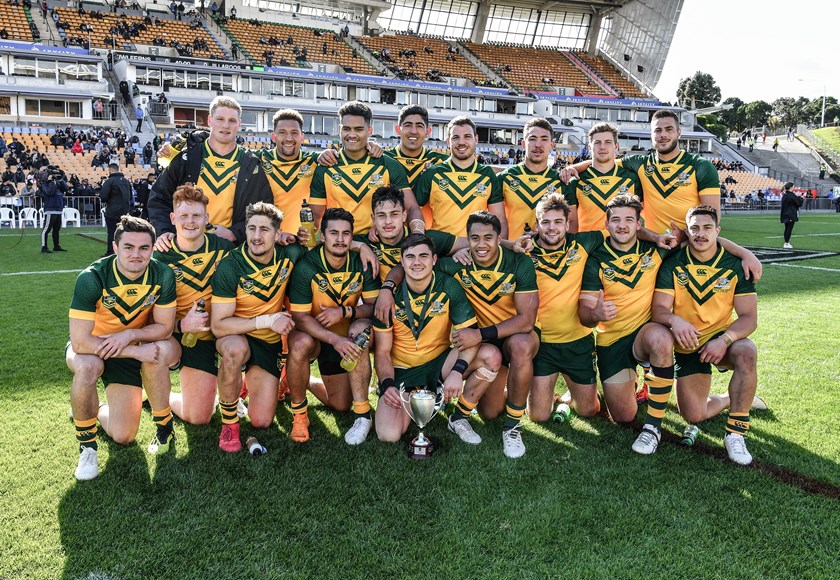 Jake Clifford, Enari Tuala & Murray Tualagi celebrate a Junior Kangaroos - Mt Smart Stadium 2018