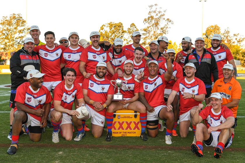 Brisbane Poinsettias celebrate their win. Photo: Vanessa Hafner / QRL
