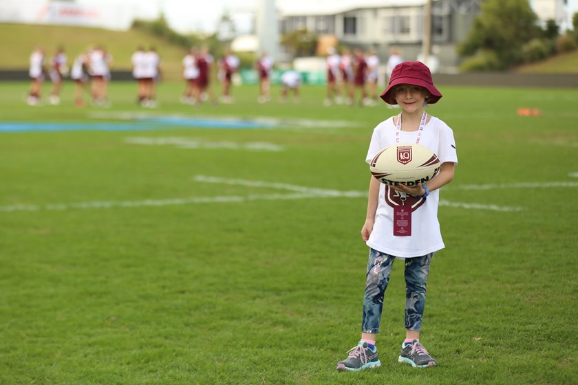 Competition winner Emily Agby at the Harvey Norman Queensland Maroons captain's run at Sunshine Coast Stadium. Photo: Colleen Edwards / QRL