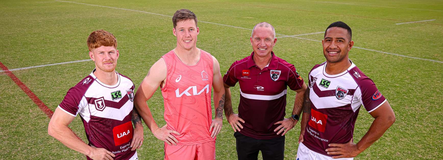 L-R: Burleigh halfback Guy Hamilton, Brisbane Broncos playmaker Josh Rogers, Burleigh coach Luke Burt and Burleigh captain Sami Sauiluma. Photo: Erick Lucero/QRL