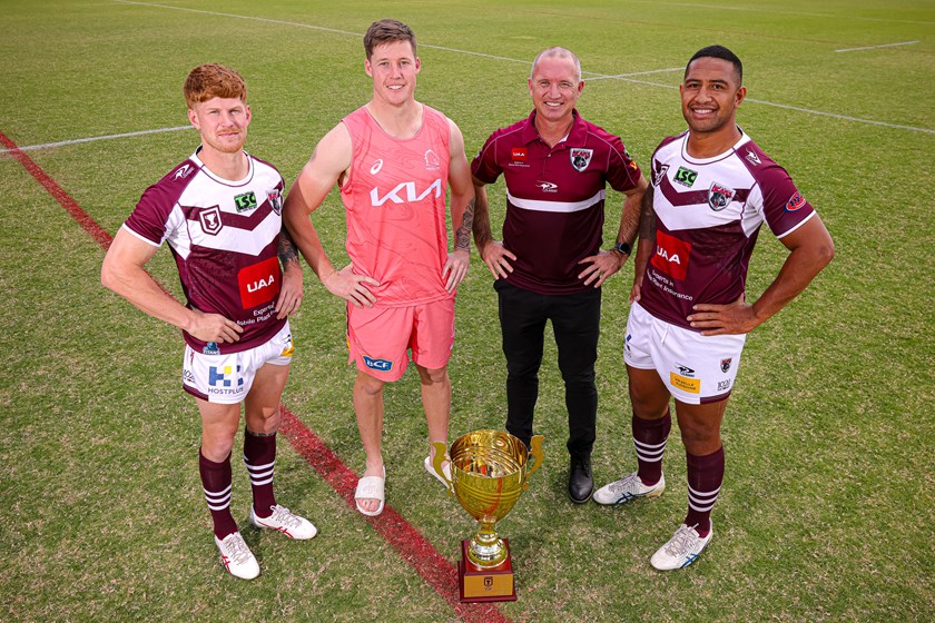L-R: Burleigh halfback Guy Hamilton, Brisbane Broncos playmaker Josh Rogers, Burleigh coach Luke Burt and Burleigh captain Sami Sauiluma. Photo: Erick Lucero/QRL