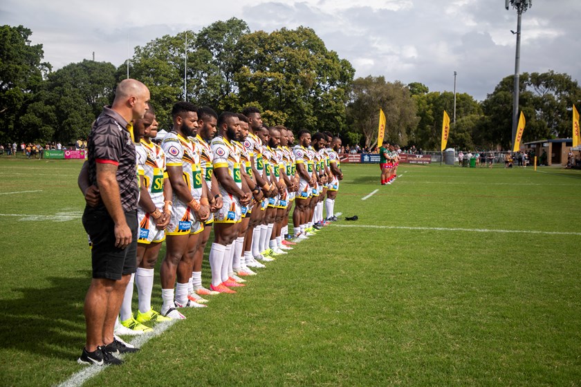 PNG Hunters coach Matt Church lines up with his team during Round 1 of the Intrust Super Cup season. Photo: Jim O'Reilly / QRL
