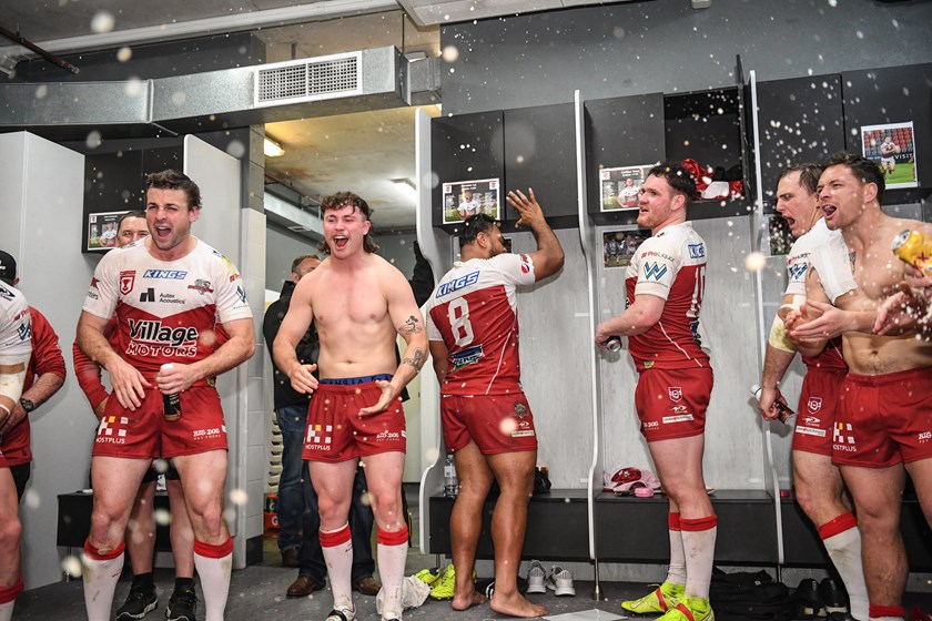 Hampson celebrating a semi-final win with Redcliffe last year. Photo: Vanessa Hafner/QRL