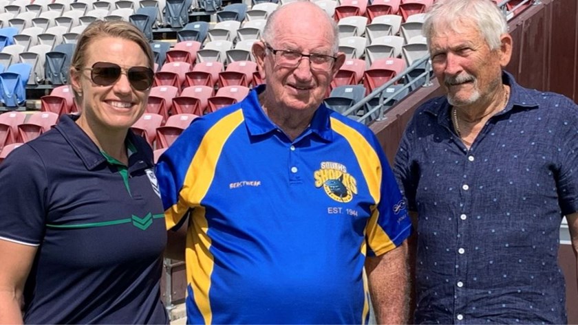 QRL North region manager Renae Kunst with Souths Sharks legends Doug Knight OAM and Kevin Bathe.