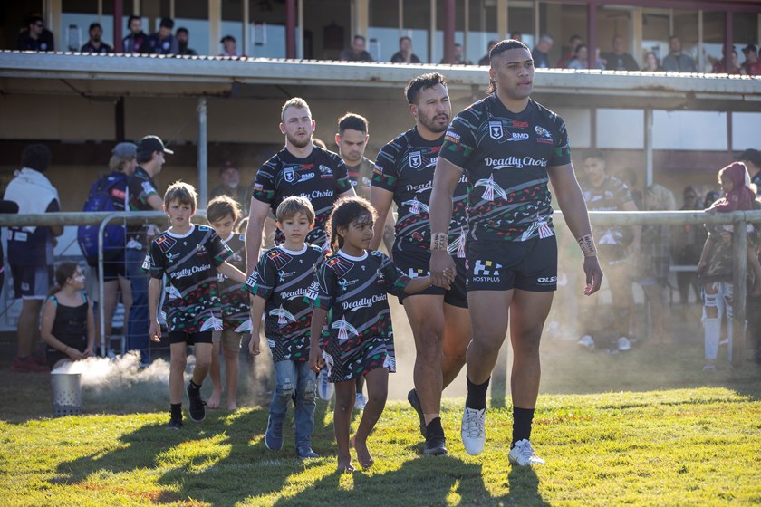 Wynnum Manly celebrating their own Indigenous Round earlier this year. Photo: Jim O'Reilly/QRL