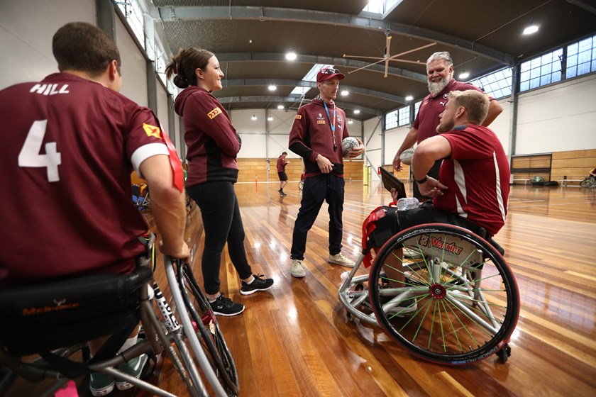 Queensland coach Jack Brown and Zac Schumacher chat during a 2023 Queensland training camp on the Gold Coast.