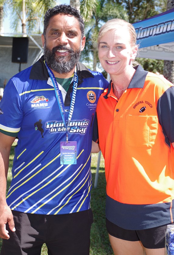 Innisfail Touch Association referee Deborah Zanoletti with Deadly Choices ambassador and former NRL legend Preston Campbell who also shared his story. Photo: Maria Girgenti 