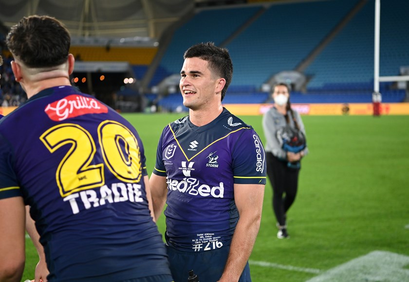 Atkinson in his NRL debut with the Melbourne Storm in 2021. Photo: NRL Imagery