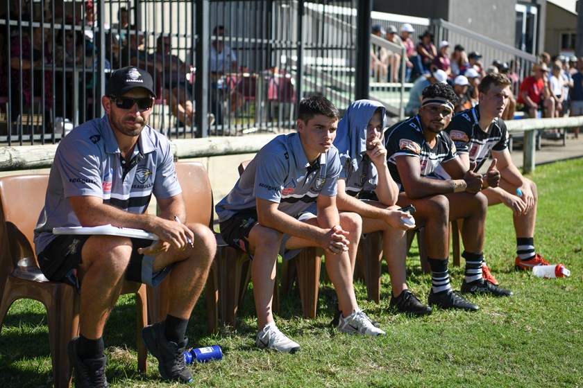 Tim Maccan sits with his bench during the 2019 Auswide Bank Mal Meninga Cup grand final. Photo: Vanessa Hafner / QRL