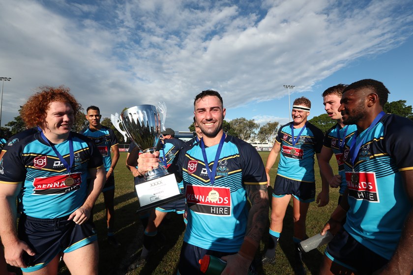 Brock Hamill, left, with his teammates after winning the XXXX Chairman's Challenge. Photo: Jason O'Brien/QRL