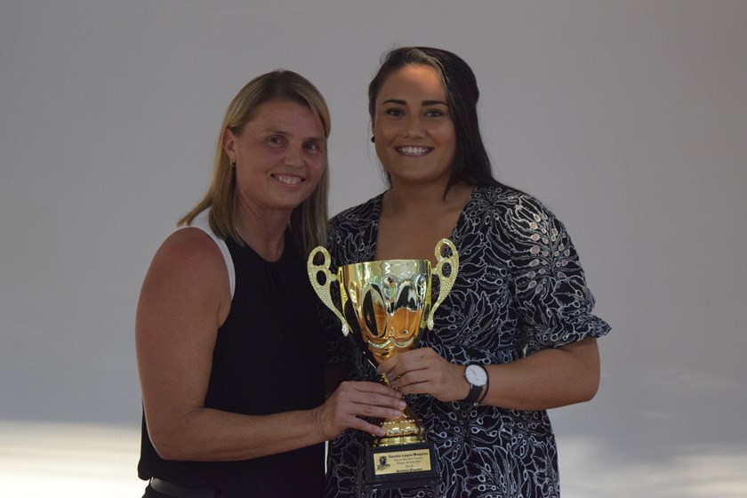 Annette Brander (who also played NRLW for the Dragons in 2018) was presented her Souths Logan Women's Player of the Year award by Karyn Murphy. Photo: QRL Media