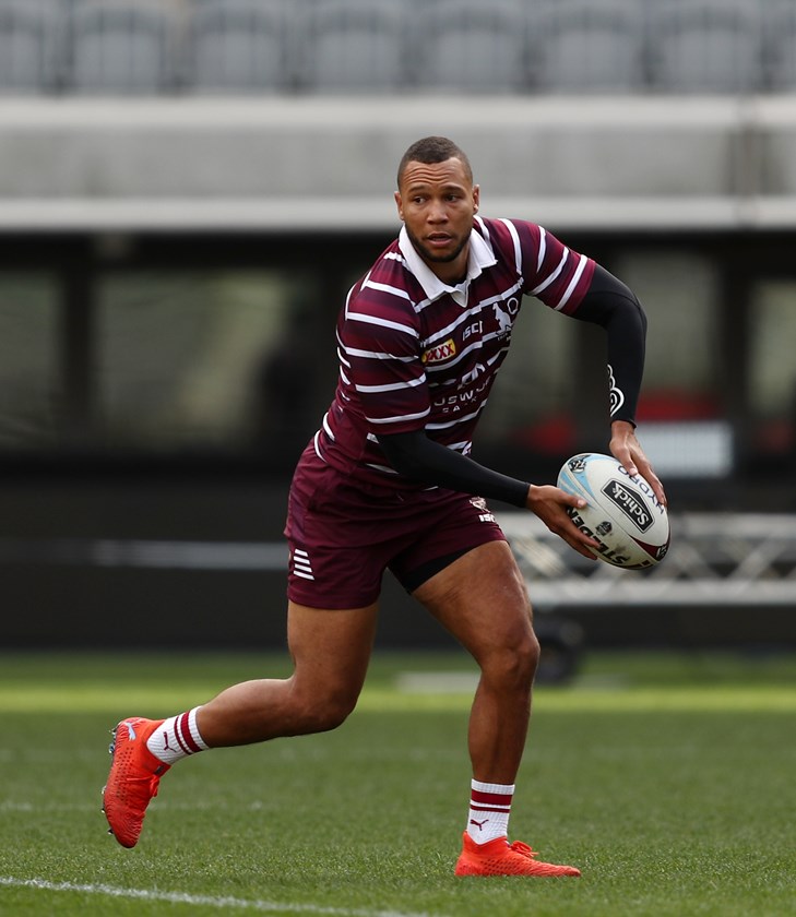 Moses Mbye during today's captain's run. Photo: NRL Images