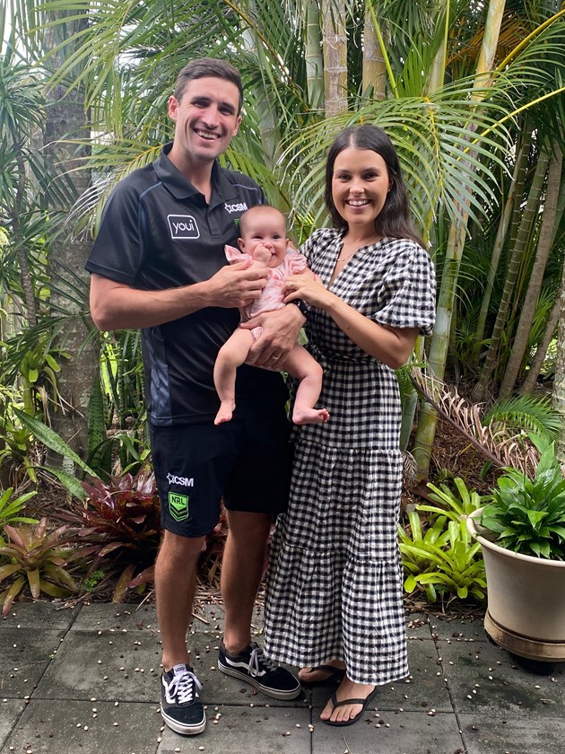 Pelgrave with his wife, Jordan, and daughter, Mila, ahead of his NRL officiating debut.