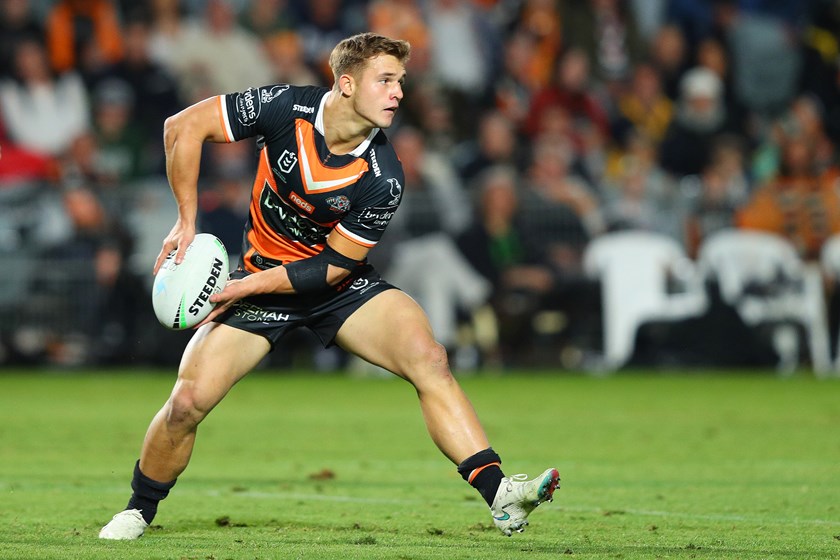Former Western Mustangs player Jake Simpkin in action for Wests Tigers. Photo: NRL Images