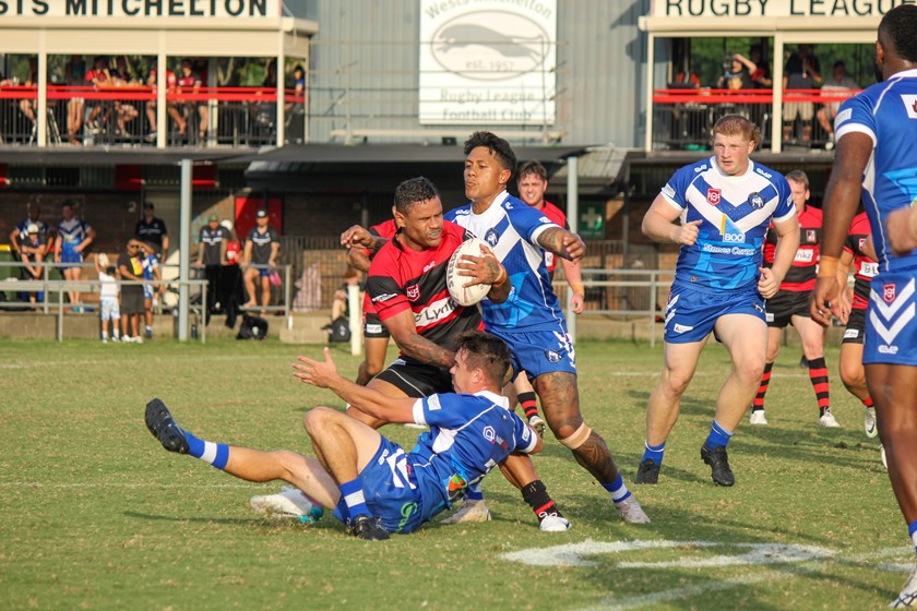 West Brisbane Panthers fullback Josh Hoffman gets tackled. Photo: Jacob Grams/QRL