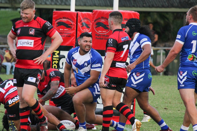 Riley Leota celebrates after scoring a try for Bulimba Bulldogs on Saturday. Photo: Jacob Grams/QRL