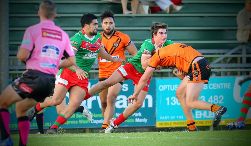 Aaron Booth takes on the line for the Seagulls in the Brisbane Rugby League.