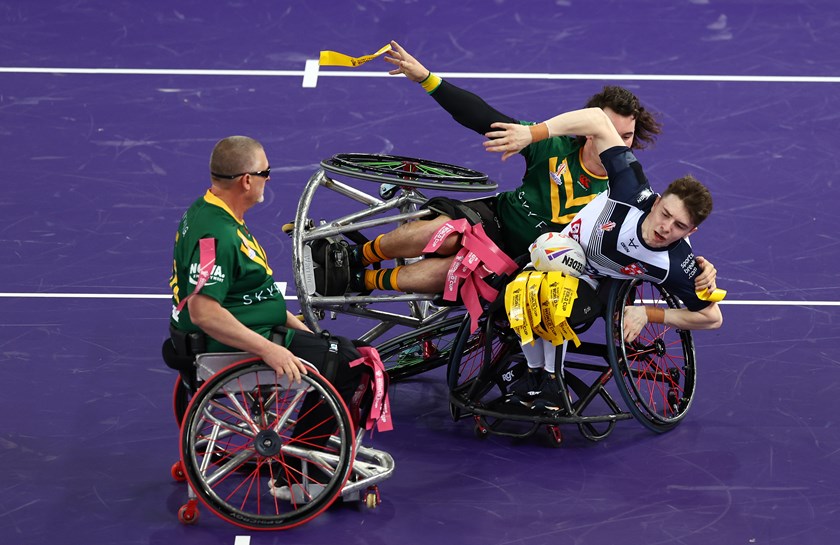 McKenna takes down an England player in Austalia's opening pool match. Photo: RLWC 2021/Getty Sport