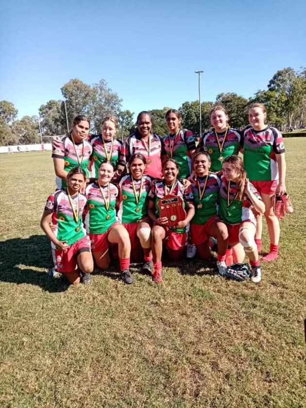 Emu Park under 17s girls after finishing season 2022 undefeated and with a premiership victory. Photo: Emu Park Emus Facebook page