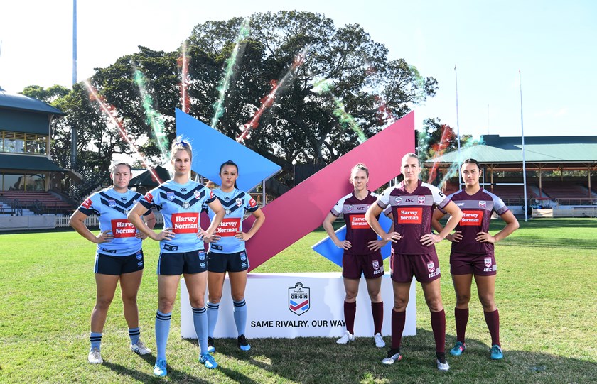 Maddison Weatherall (NSW Under 18), Kezie Apps and Corban McGregor (NSW); Karina Brown, Ali Brigginshaw (Harvey Norman Queensland Maroons) and China Polata (Queensland Under 18). Photo: NRL Images