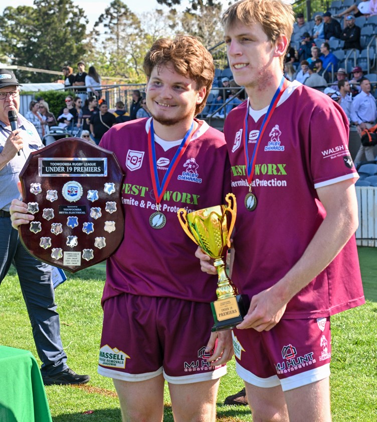 Dalby Under 19 captains Harry Cooper and Joe Gillett with the trophy