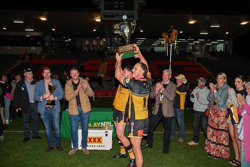 Gatton A grade co-captains Luke Self and Ben Haviland with the grand final Hutchinson Builders Cup