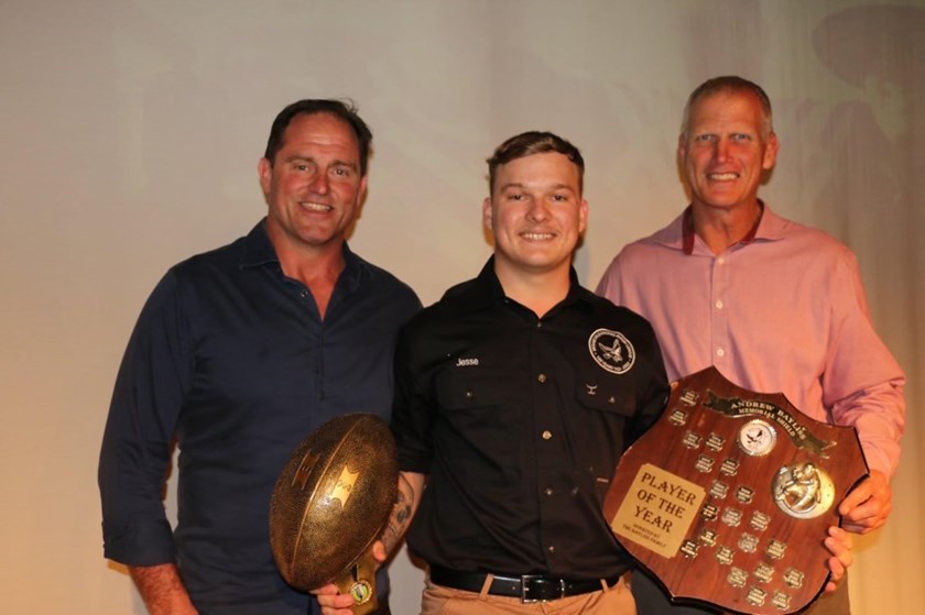 Miriam Vale's player of the year, Jesse Wyngaards, at the club's 100-year celebrations with Gary Larson and Billy Moore.