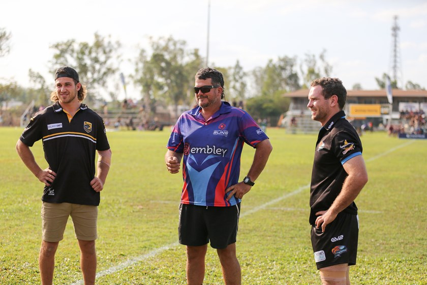 Polselli (left) at the coin toss in Weipa with Central Cape Suns' Trent Gordon and Northern Pride captain, Chris Ostwald. Photo: Rikki-Lee Arnold/QRL