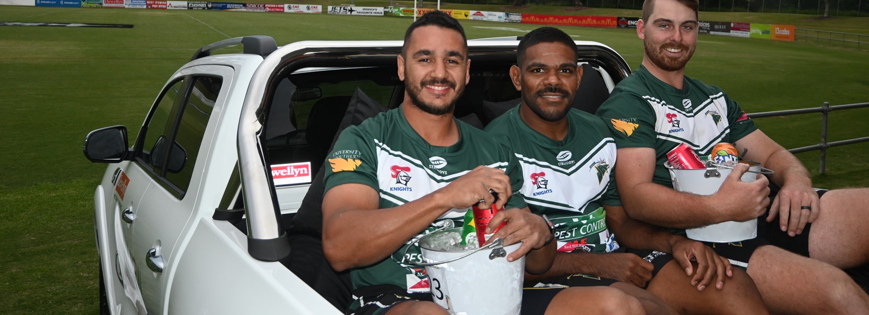 Jayden Conners, Kierran Moseley and Tod White from Ipswich Jets are excited for the tailgate party at North Ipswich Reserve. Photo: Ipswich Jets