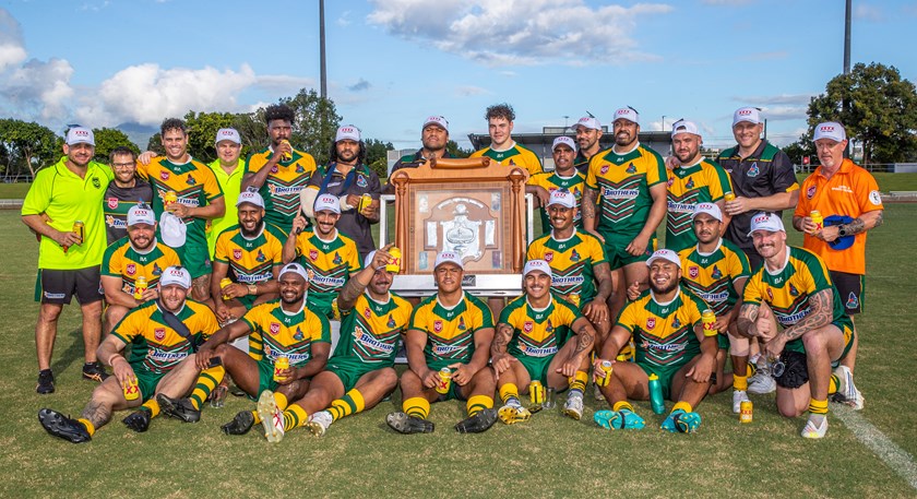 Cairns with the XXXX Foley Shield after the 2023 win at Barlow Park. Photo: Dom Chaplin/QRL
