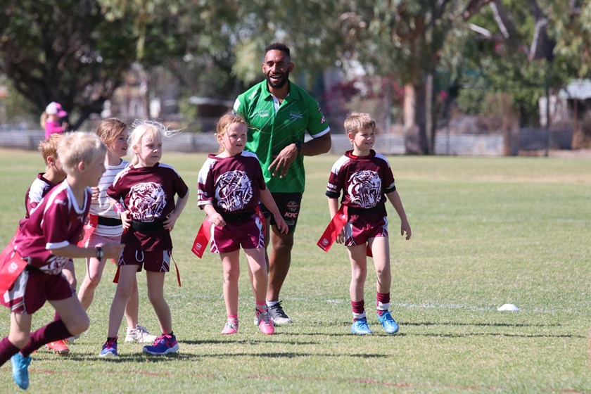 Both the Souths Logan Magpies and Townsville Blackhawks helped encourage young rugby league fans to get involved during Activate! Queensland Country Week. Photo: Colleen Edwards /QRL