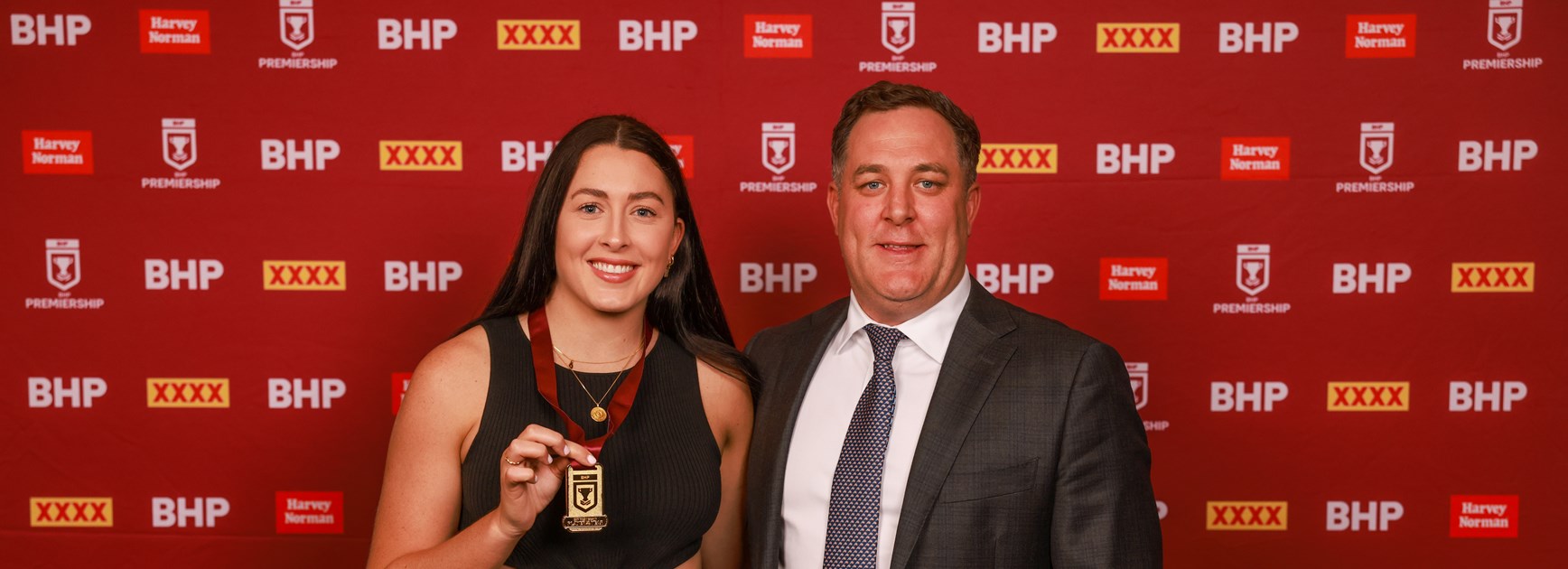 2021 BHP Premiership Player of the Year Romy Teitzel with incoming QRL chief executive officer Rohan Sawyer. Photo: Peter Wallis/QRL